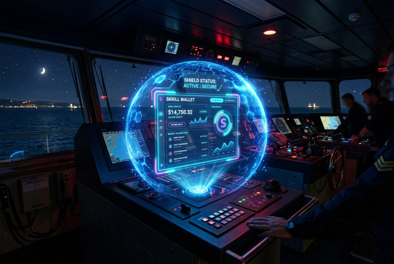 A high-tech digital shield protecting a Skrill wallet icon on a ship's bridge.