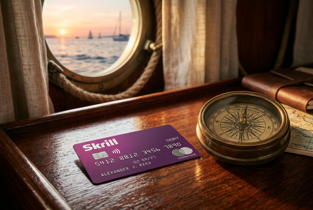 A Skrill Prepaid Mastercard lying on a wooden deck next to a compass.