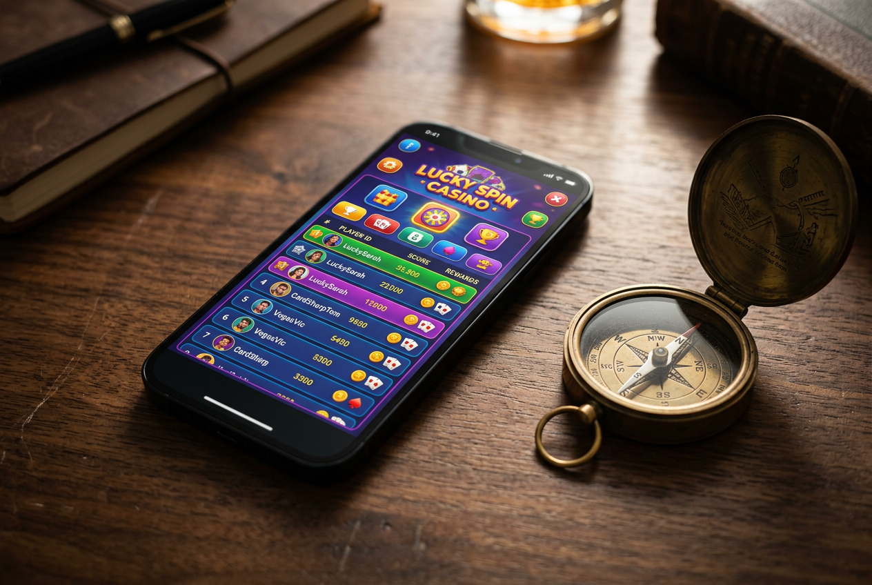 A modern smartphone showing a casino leaderboard and rankings.