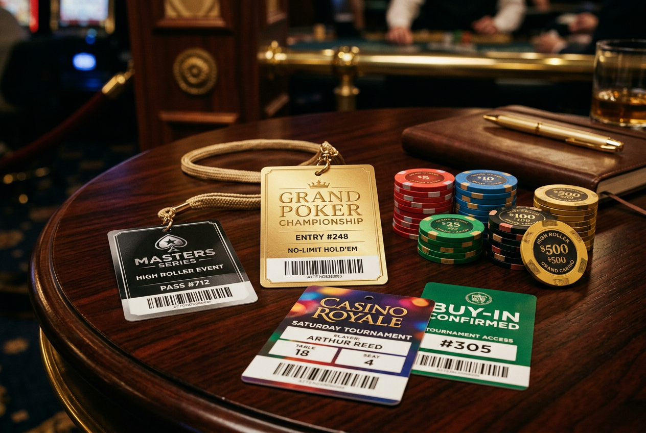 Different casino tournament entry cards and chips on a luxury table