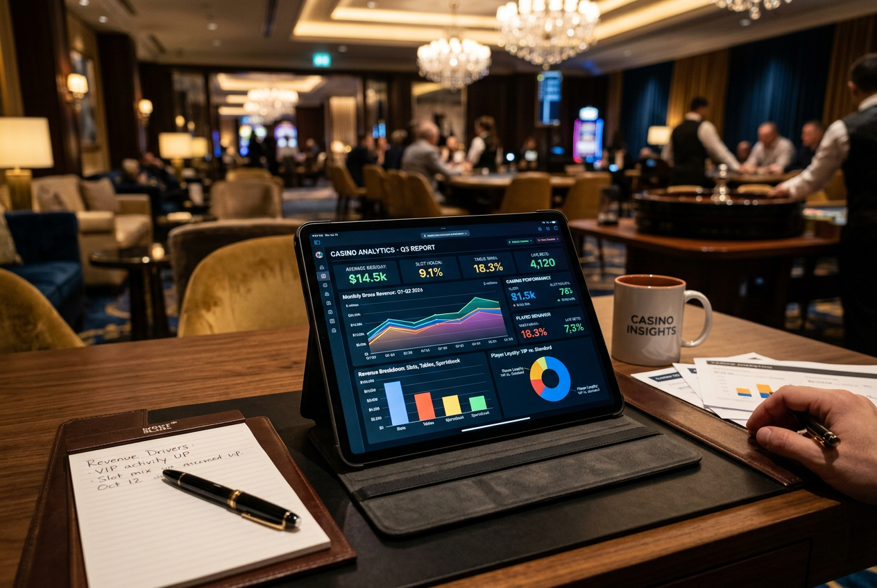 A professional desk with a tablet showing casino statistics and data charts.