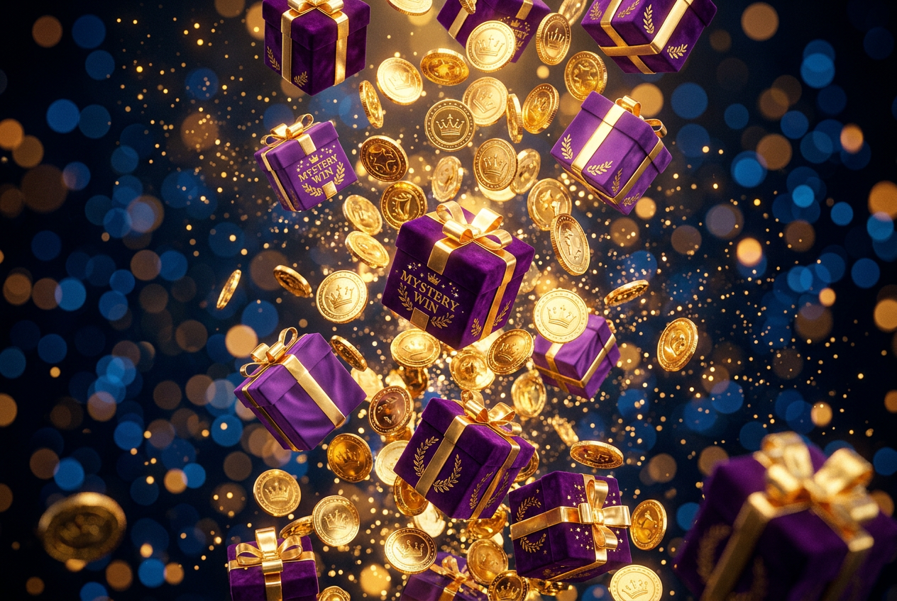 Falling gold coins and prize boxes in a luxurious casino setting.