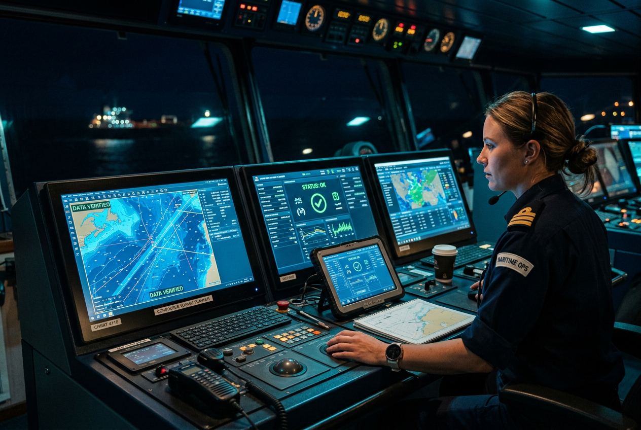 Advanced maritime workstation with data screens on a ship bridge