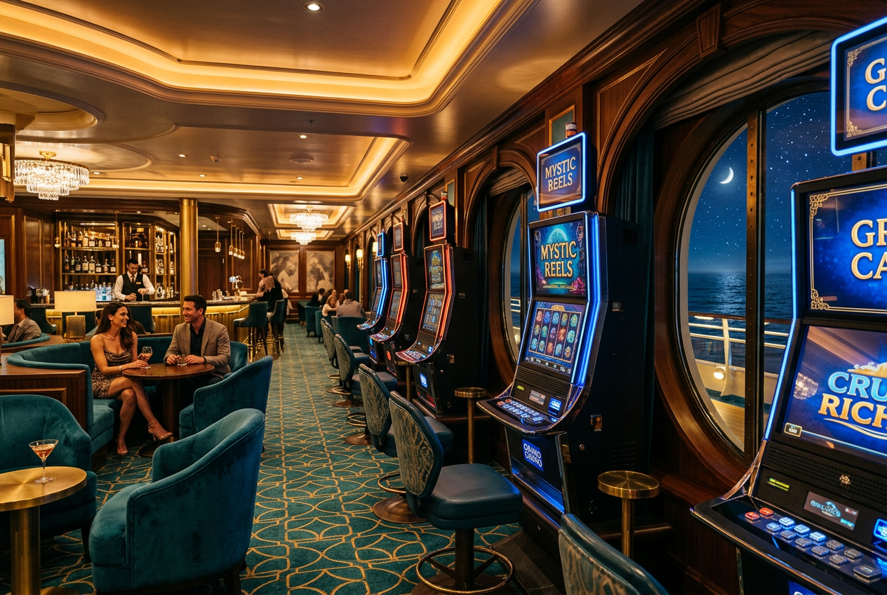 Elegant casino floor inside a luxury ship at sea